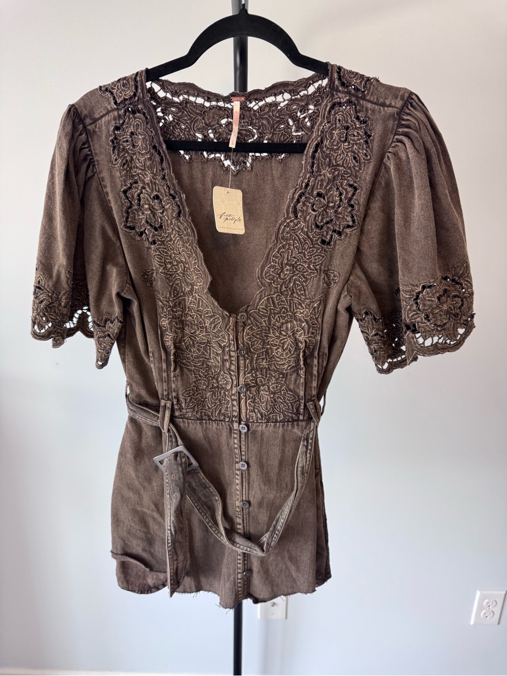 Free People Brown Lace-Trim Button Front Blouse